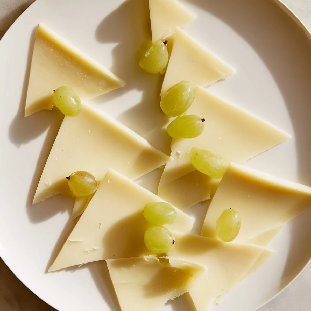 Holiday-ready Tannenbaum Border cheese board border with fresh grapes nestled around cheese "trees" for serving.