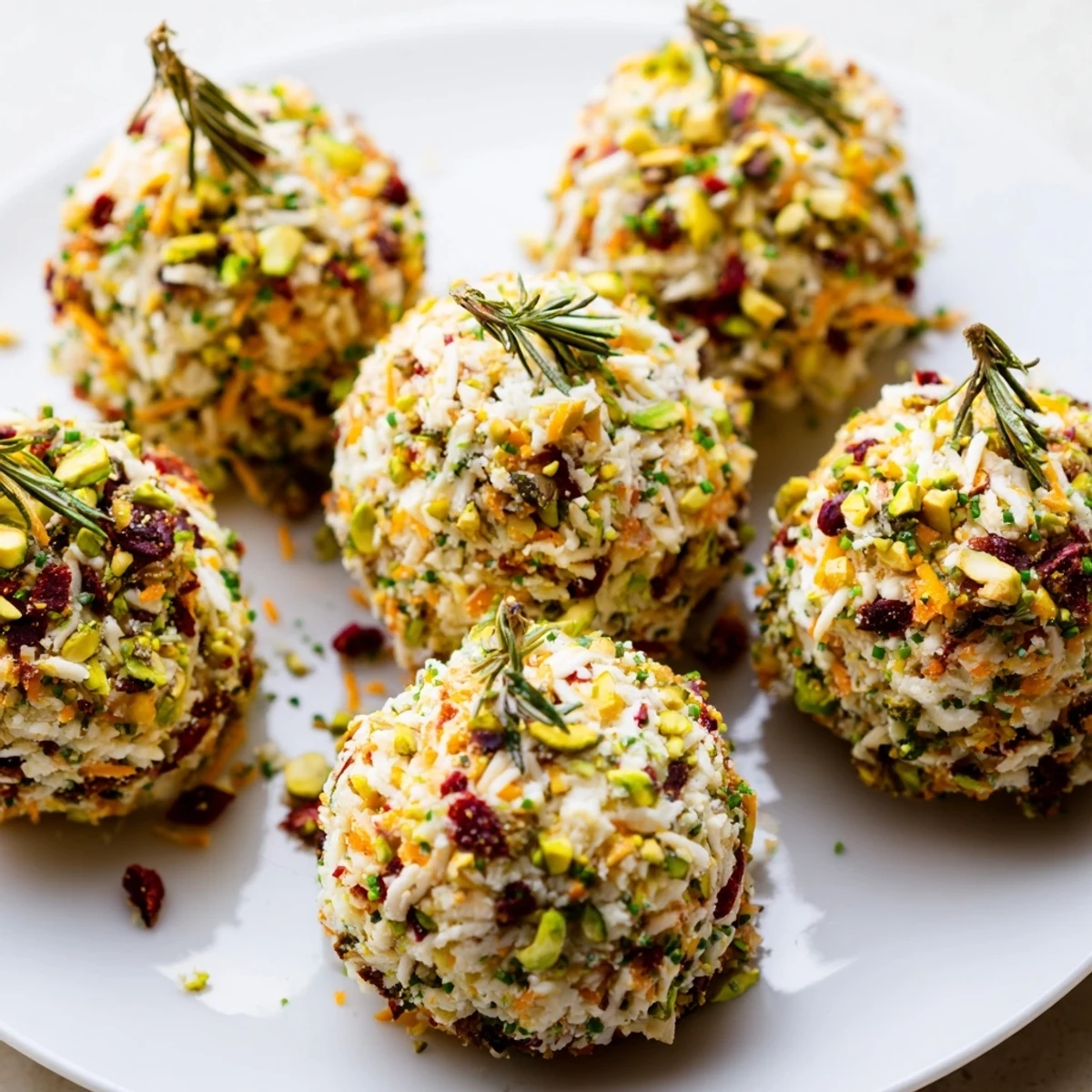 Holiday Ornament Clusters: Festive cheese balls coated for a visually stunning appetizer platter, ready for holiday celebrations.