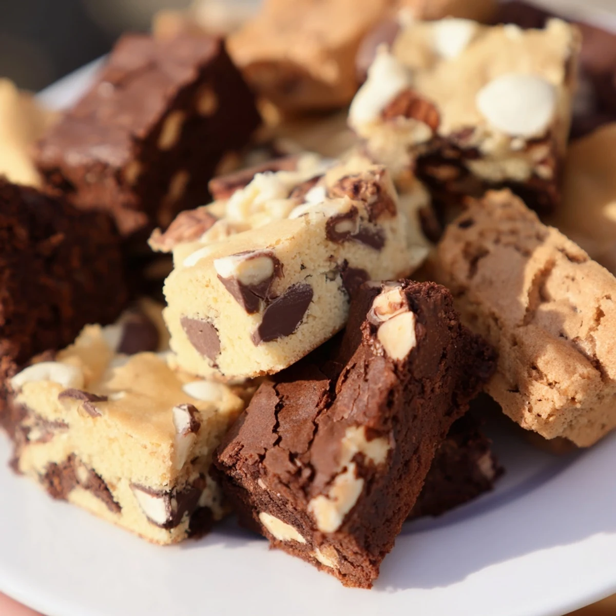 A bountiful dessert platter showcasing perfectly cut brownie and blondie squares, tempting every sweet tooth.