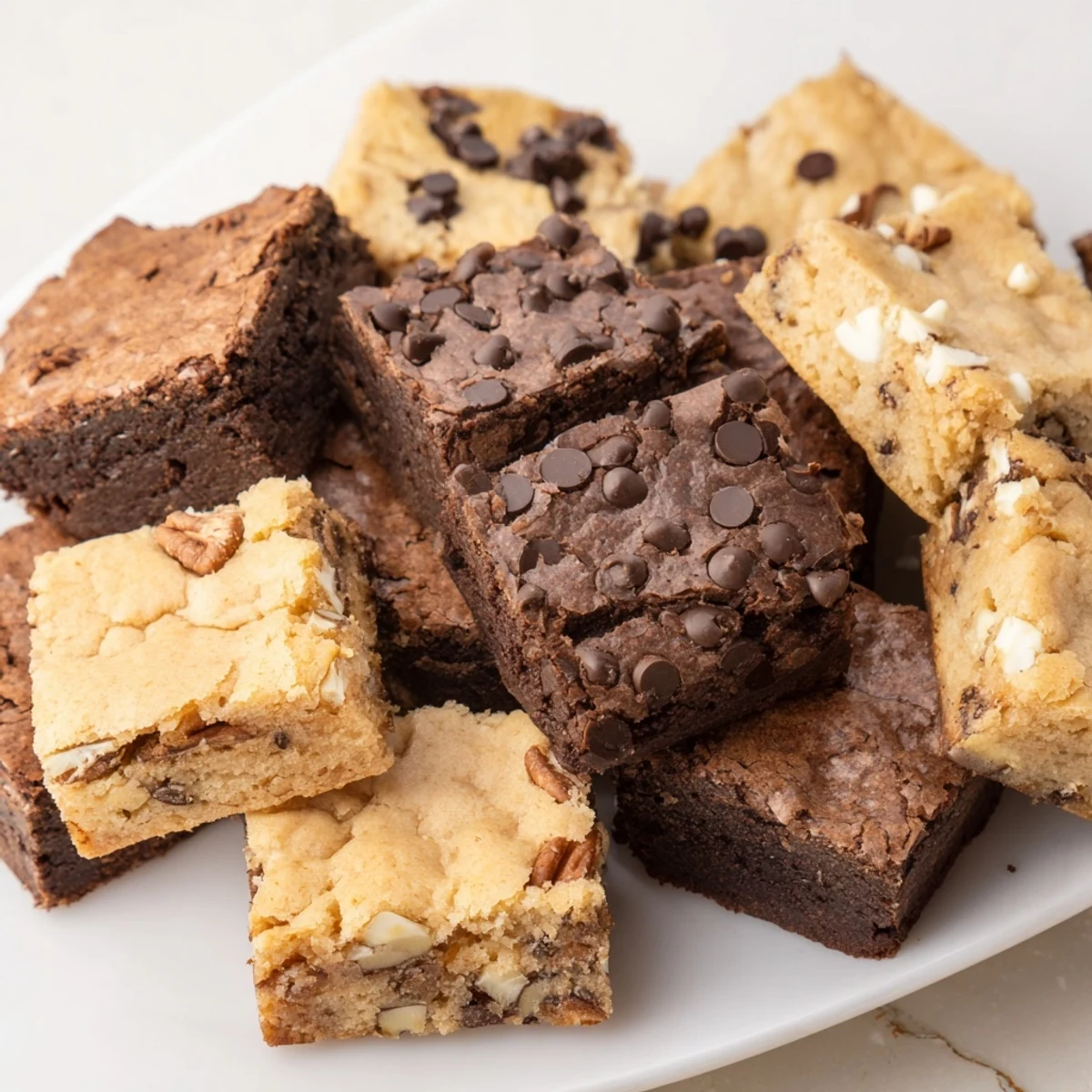 Golden blondie and rich brownie squares from a dessert platter, ready to serve for dessert cravings.