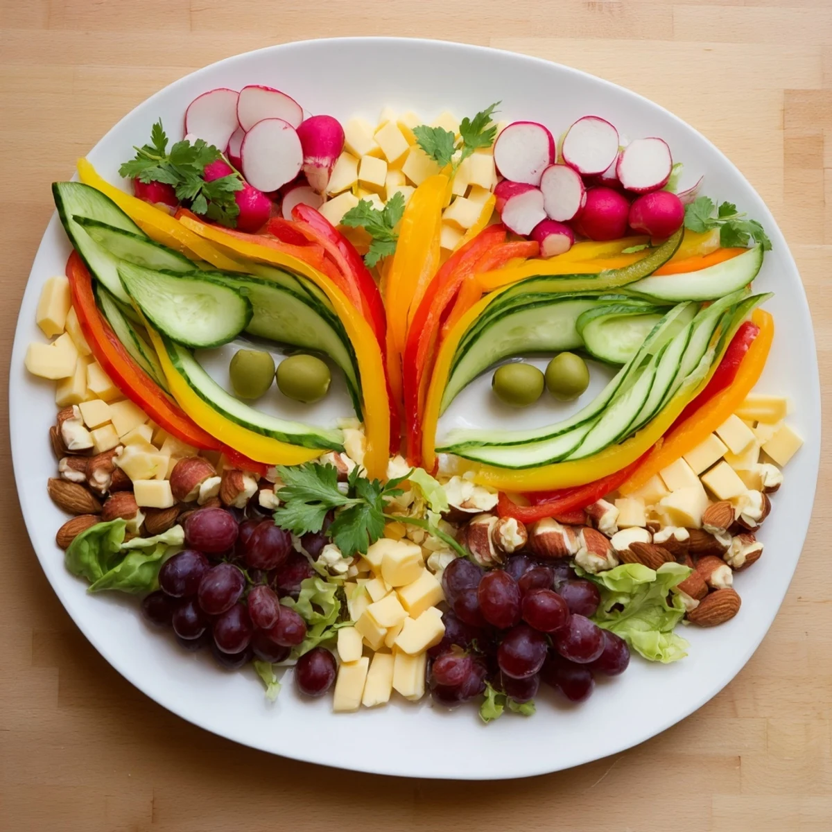 The visually stunning Masquerade Mask appetizer platter with colorful fruits, veggies, and cheese for a party.