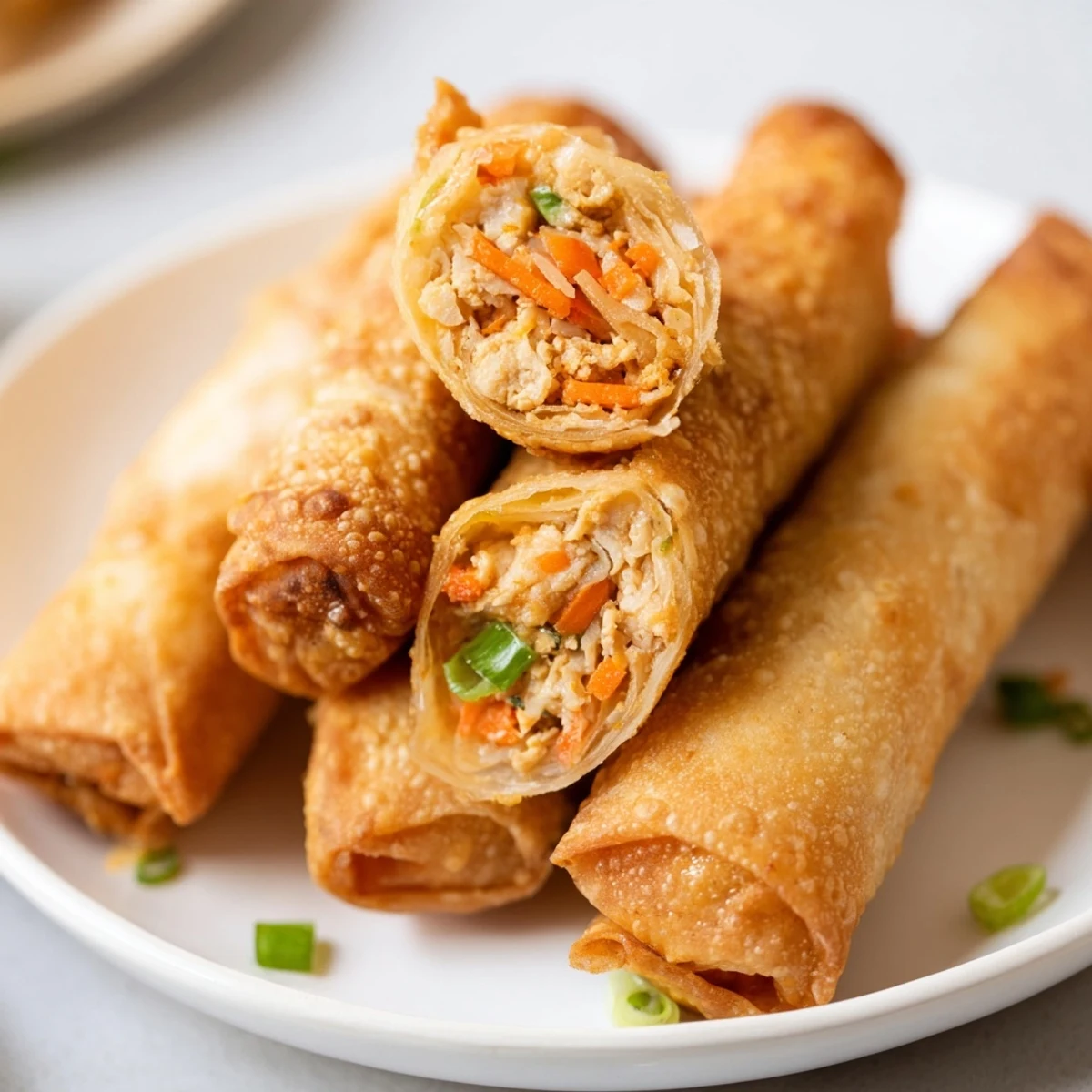 Golden, crispy Air Fryer Chicken Lumpia Bites, perfect appetizers with a tempting dipping sauce.