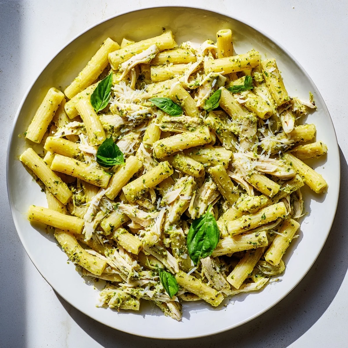 A steaming bowl of 10-Minute Pesto Pasta with Chicken, garnished with fresh basil and Parmesan.