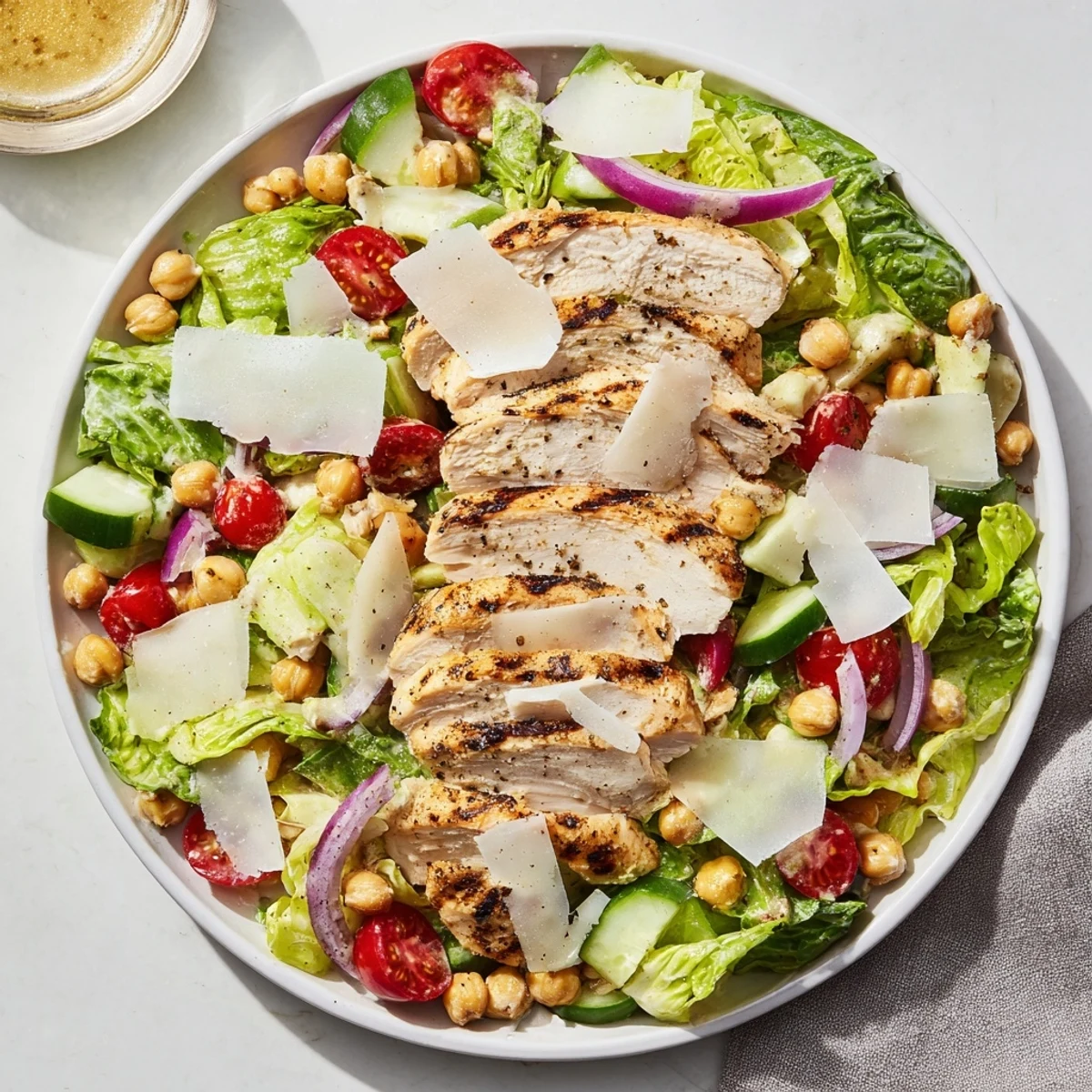A delicious Chicken Caesar Pasta-less Bowl, featuring grilled chicken and creamy Caesar dressing over fresh greens.