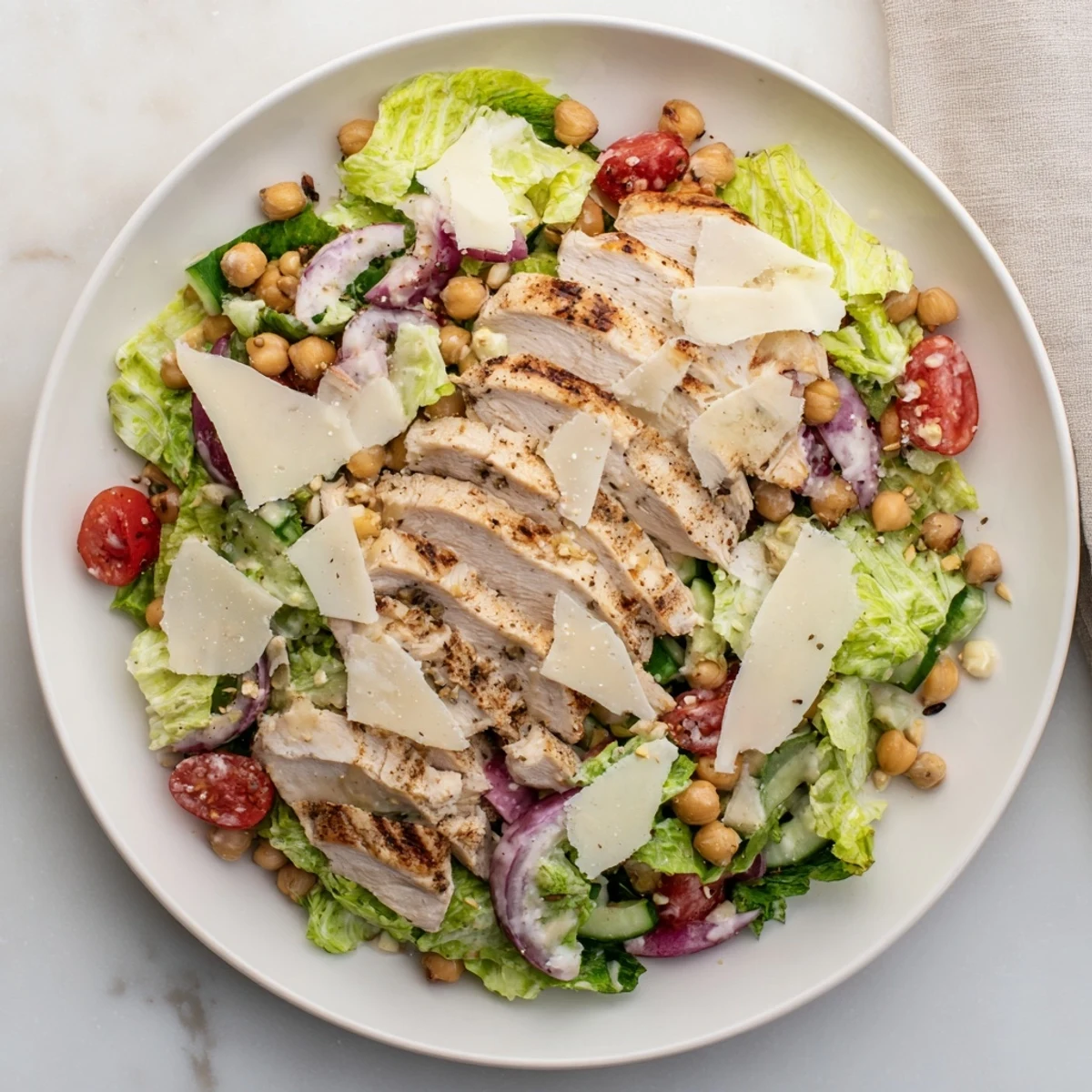 This Chicken Caesar Pasta-less Bowl showcases tender grilled chicken glistening, tossed with crisp romaine and crunchy toppings.