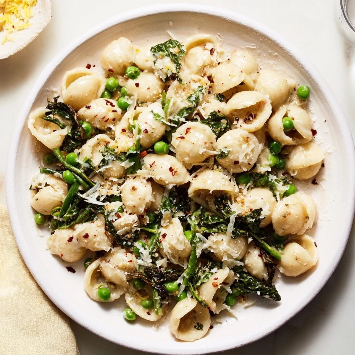 Golden ditalini pasta coated in garlic butter, with bright green peas, ready to serve.