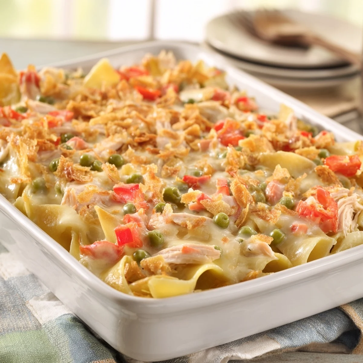 Golden-brown chicken macaroni Southern style casserole, bubbling hot from the oven with cheesy topping.