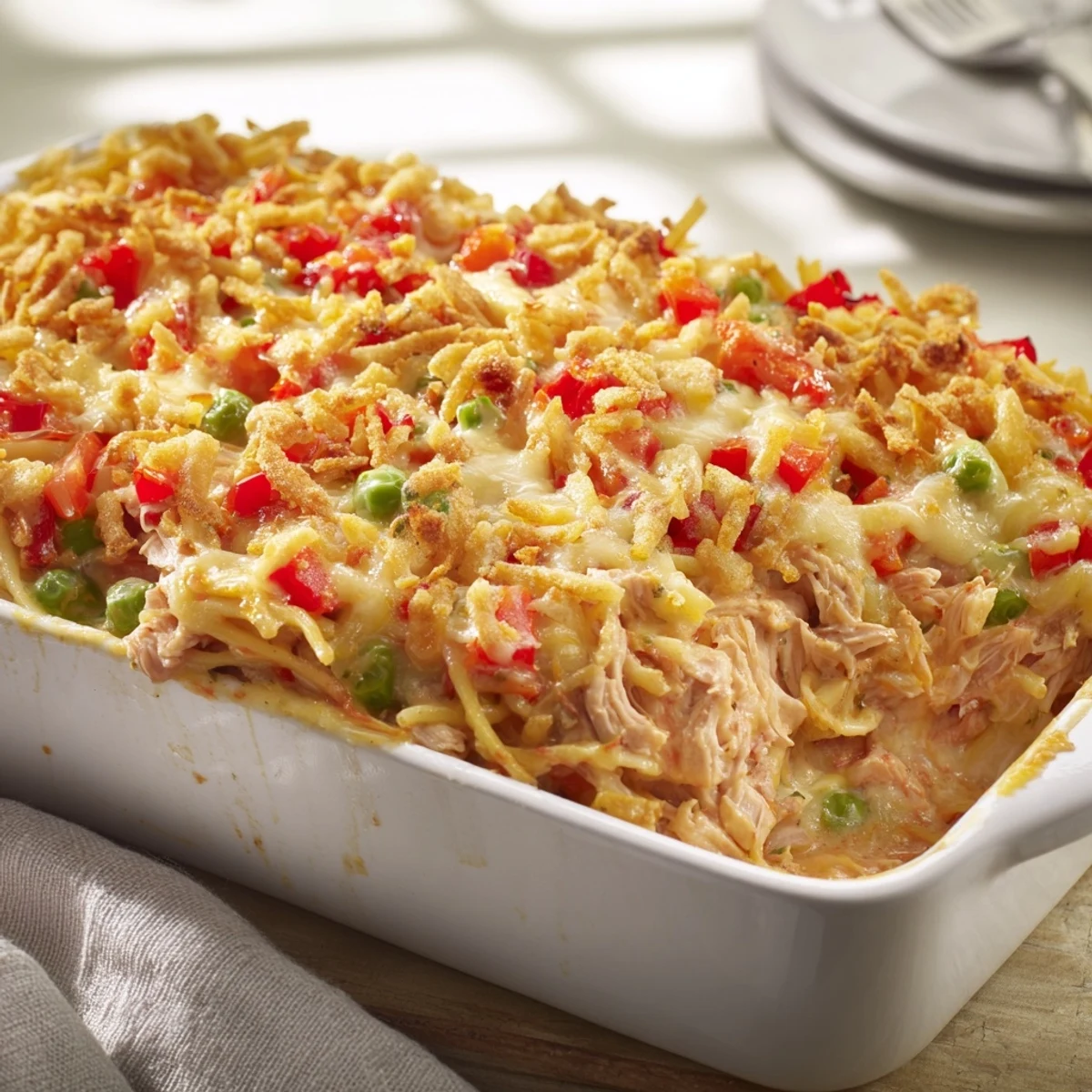 A close-up of creamy chicken macaroni Southern style bake featuring tender chicken and vibrant vegetables.