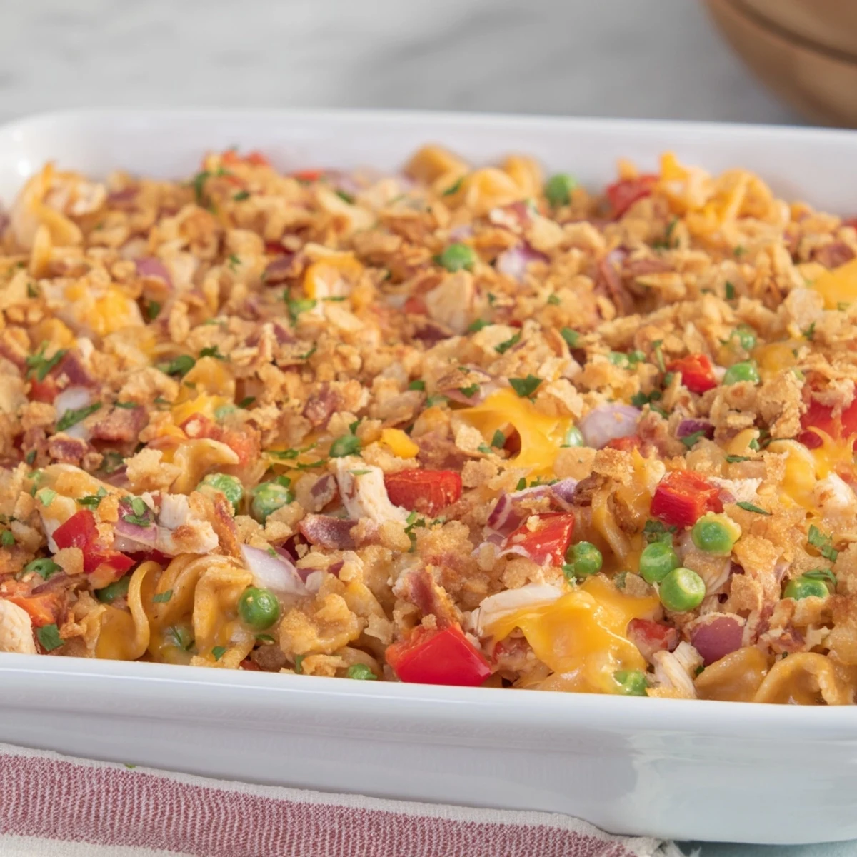 Delicious, homemade chicken macaroni Southern style, a comforting casserole with melted cheese and flavors.