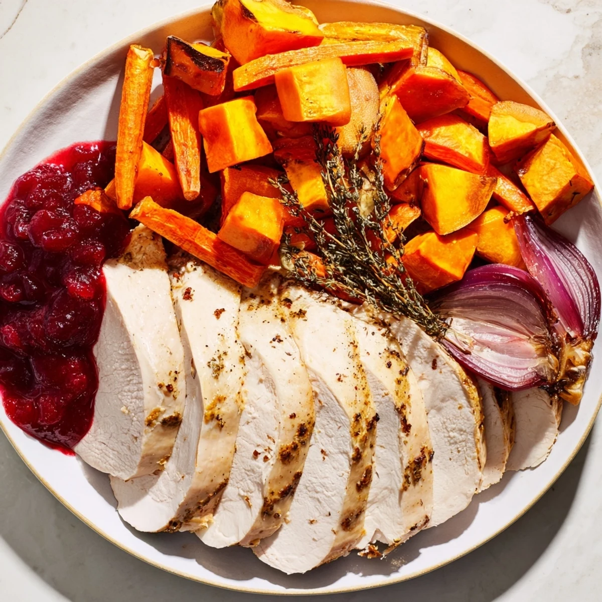 Golden-brown slices of Harvest Turkey Platter, served with a sweet and tart cranberry-orange sauce.