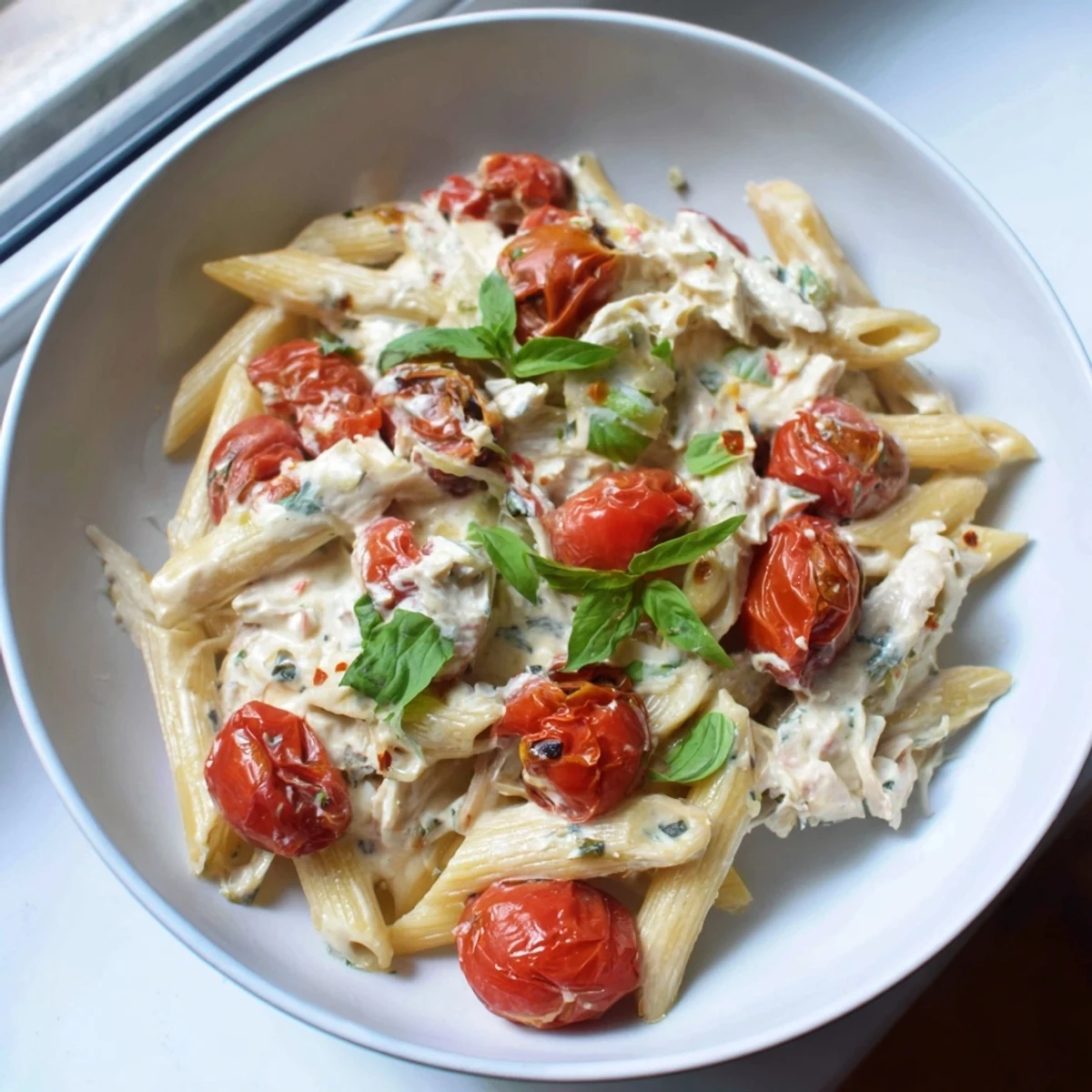 Roasted cherry tomatoes surround a creamy Boursin Cheese Pasta dish, ready to be enjoyed.