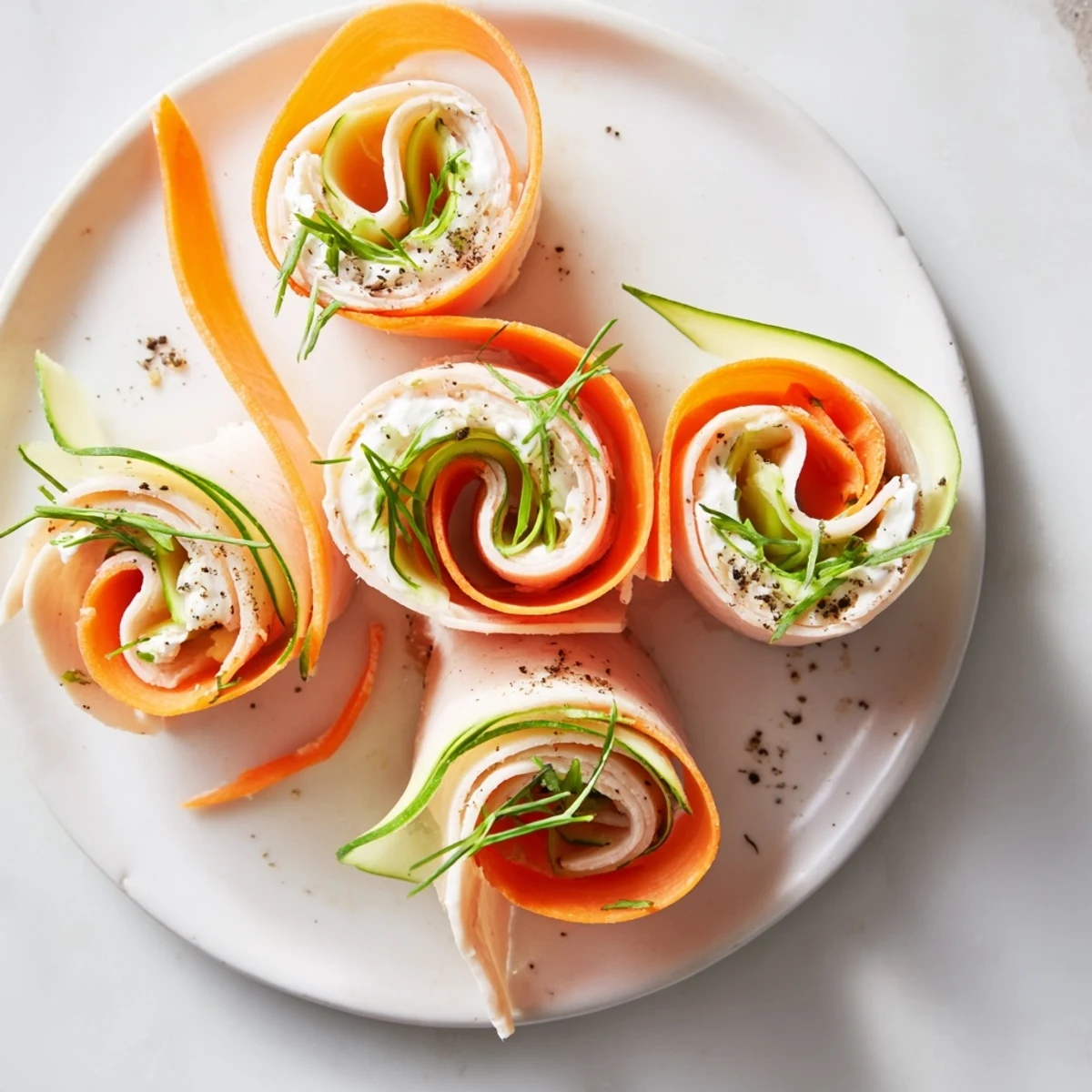 Vibrant ribbons of carrot and cucumber wrap the smoked turkey in this Ribbon Dancer appetizer.
