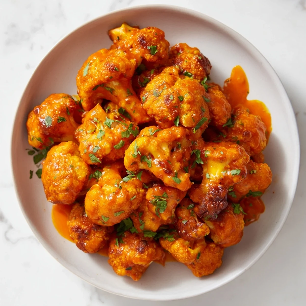 Vibrant photo of Sriracha-Buffalo Cauliflower Bites coated in tangy sauce, with fresh parsley and ranch dip nearby.