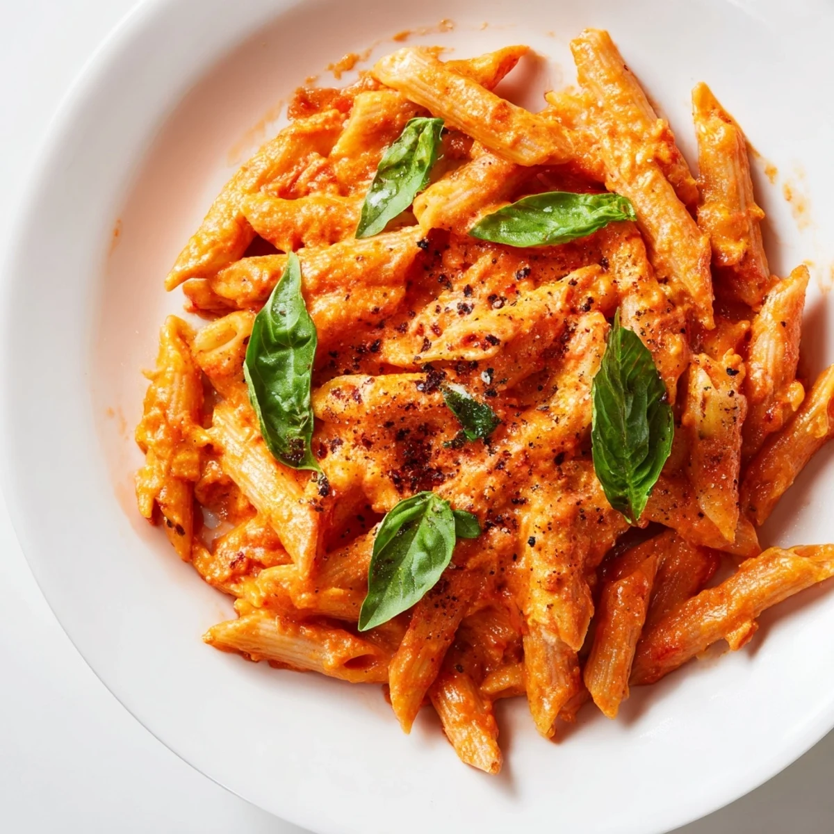 Close-up of a bubbling Basil Garlic One-Pot Creamy Tomato Pasta, showing herbs and creamy texture.