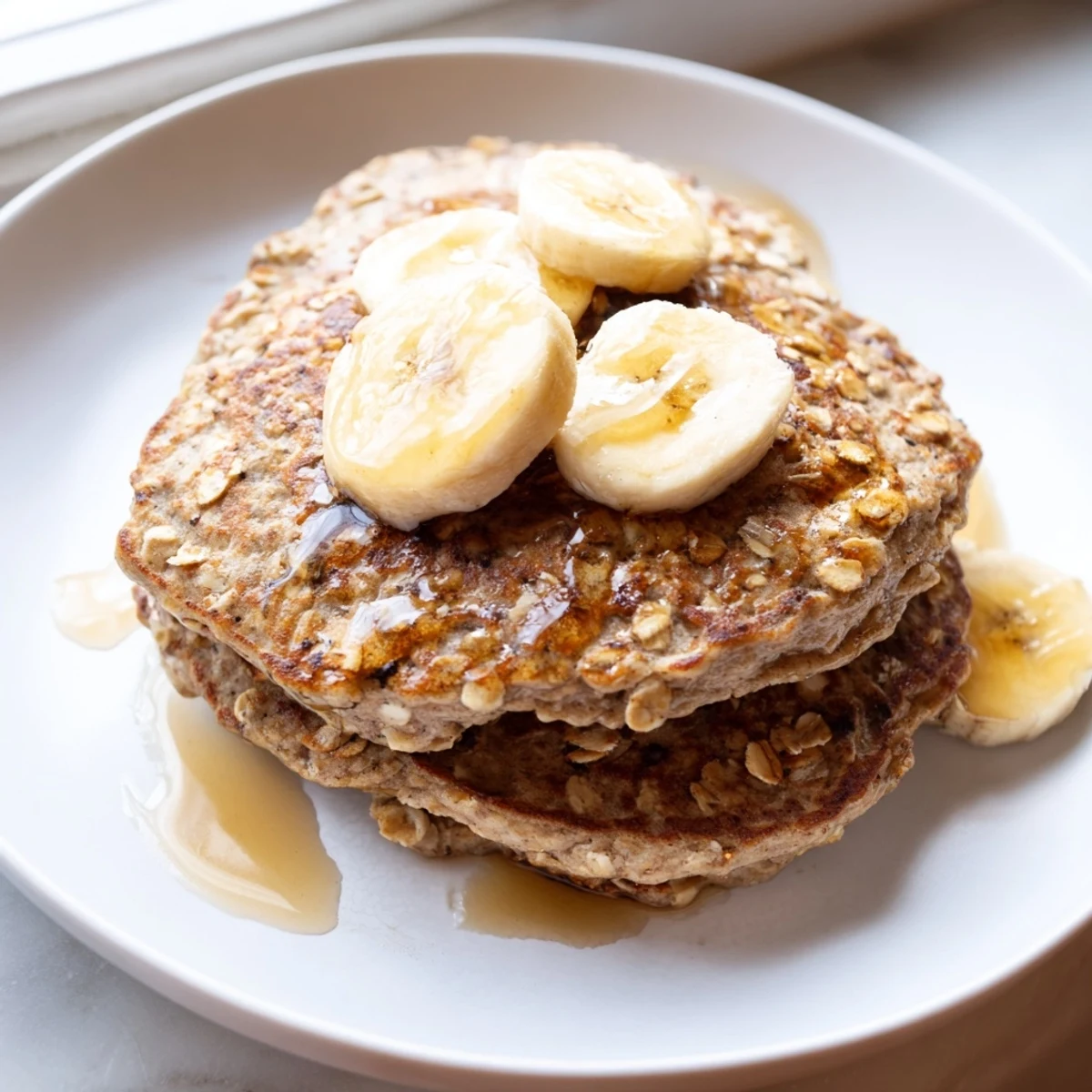 Stack of golden banana oat pancakes, drizzled with maple syrup—a delicious, easy breakfast.