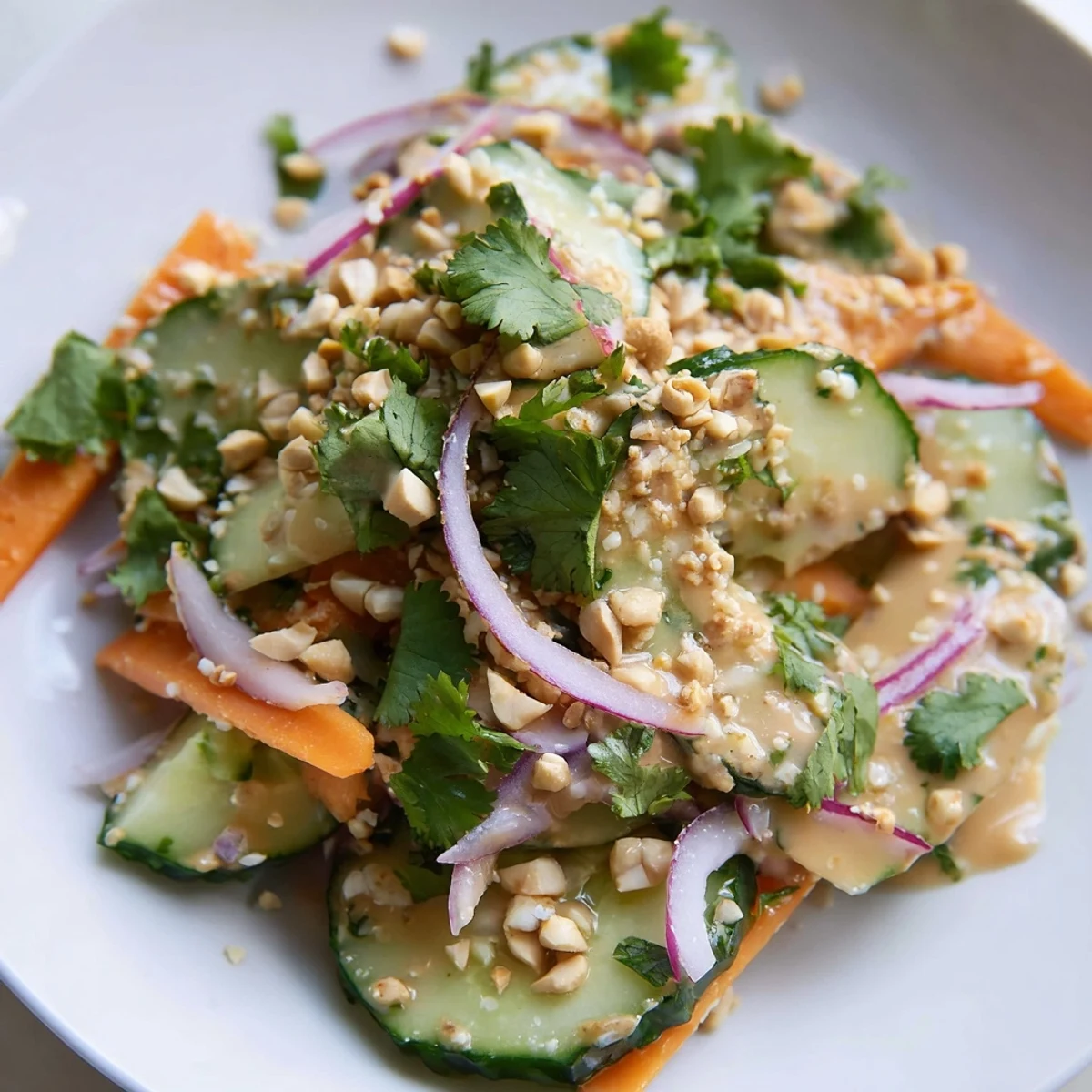 Enjoy this refreshing Thai-Style Peanut Cucumber Salad, a vegetarian delight with crunchy vegetables and peanuts.