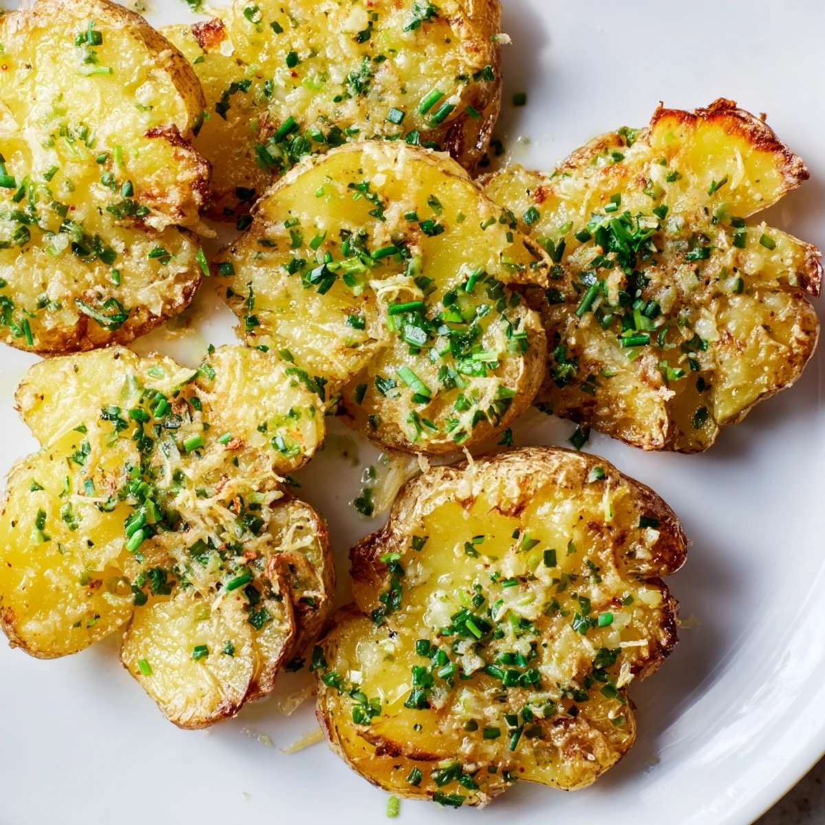 Golden-brown Parmesan smashed potatoes with crispy edges, garlic, and fresh herbs, ready to serve.