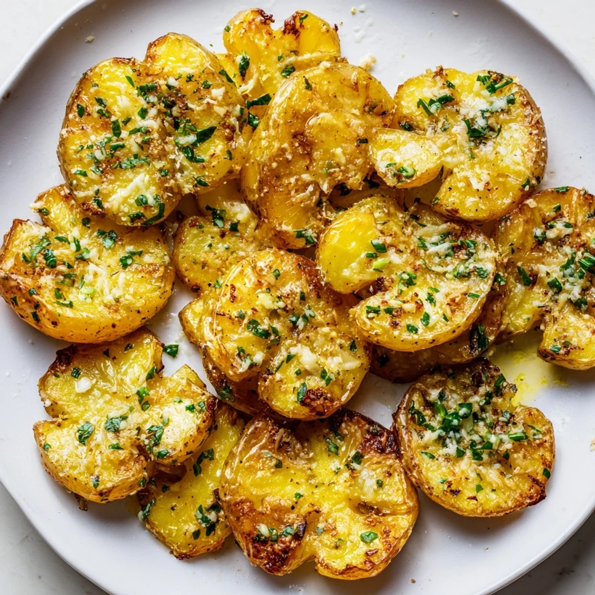 The image spotlights a platter of flavorful Parmesan smashed potatoes with a sprinkle of parsley.