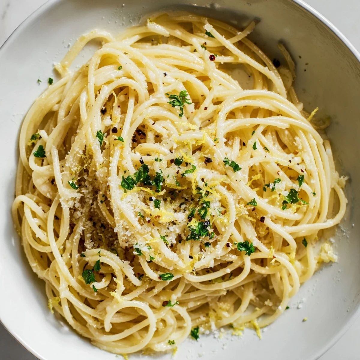 Golden garlic butter noodles, glistening and ready, sprinkled with fresh parsley and Parmesan cheese.
