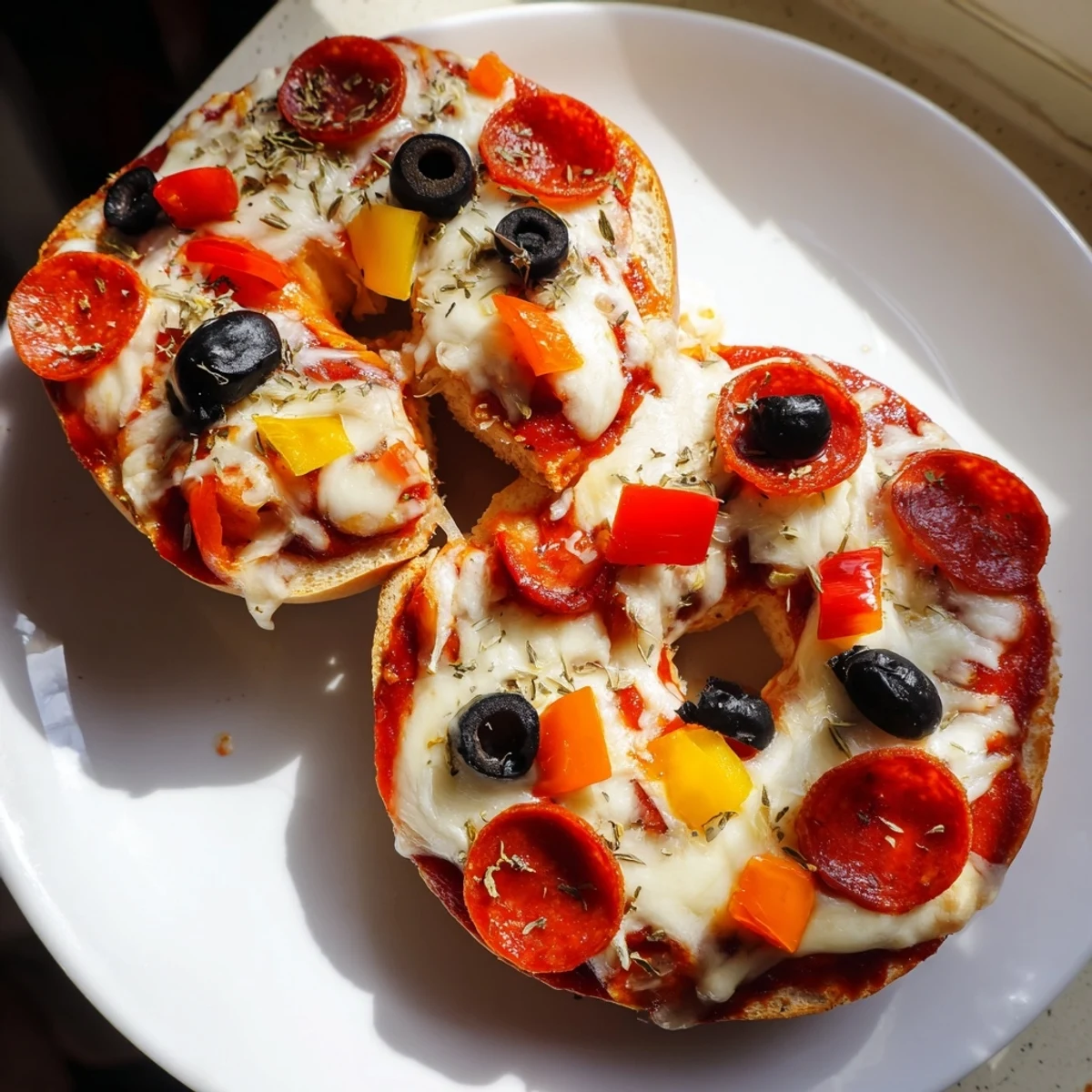 Cheesy, golden mini bagel pizzas, perfect for a quick snack, topped with pepperoni and olives.