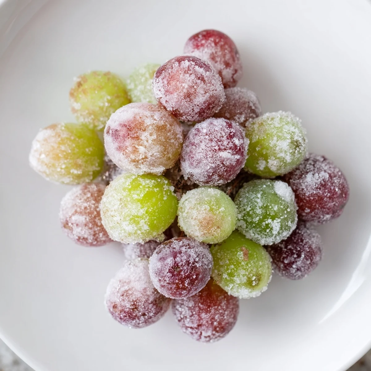 A close-up of beautifully frosted frozen grapes, perfect as a quick vegan snack.