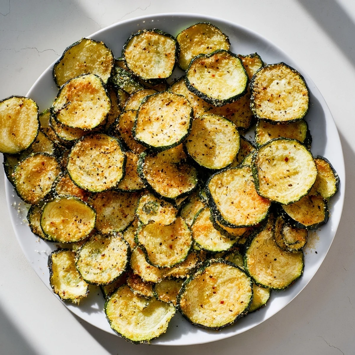 Golden, crispy zucchini chips, baked to perfection with a light dusting of herbs and spices.