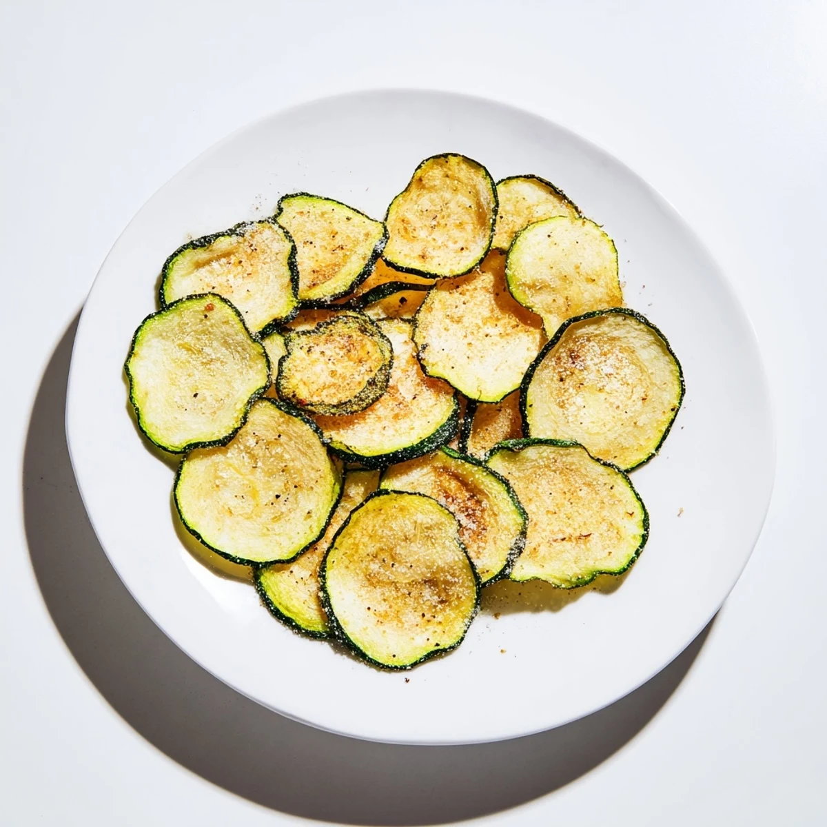 A close-up shot of seasoned, crispy zucchini chips piled high on a baking sheet, ready to enjoy.