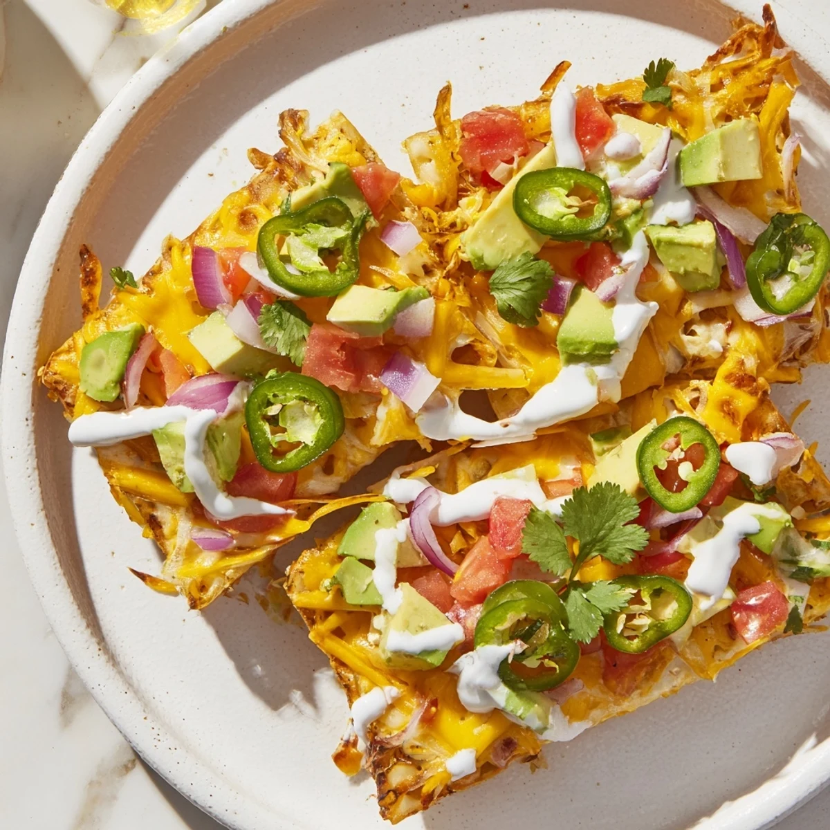 Golden, bubbly pasta chips nachos with melted cheese, fresh toppings, and zesty sauce.