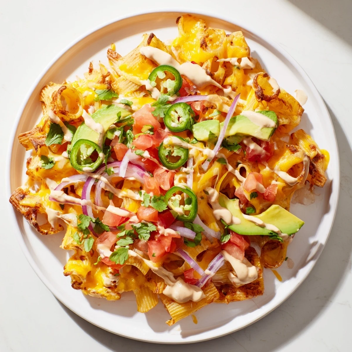 A close-up of pasta chips nachos: crispy baked pasta, loaded with colorful toppings.