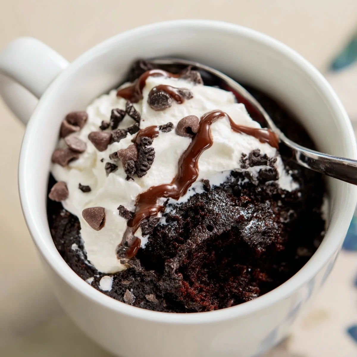Steaming Oreo Mug Cake topped with whipped cream, perfect for a quick and easy dessert.