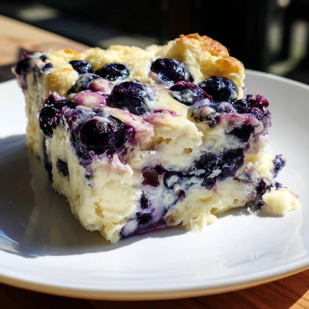 Blueberry Cottage Cheese Bake: A warm slice, packed with juicy blueberries, ready to eat.