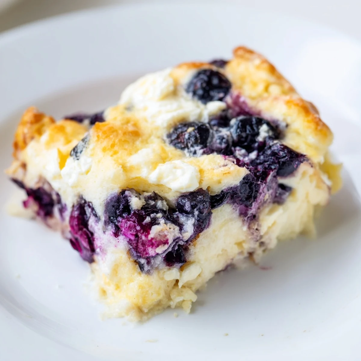 Freshly baked Blueberry Cottage Cheese Bake, featuring a bubbly top and a delicious, fruity aroma.