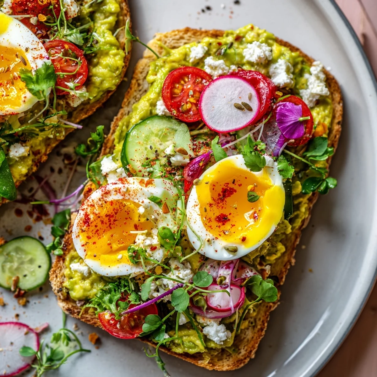 Creamy loaded avocado toast with a perfectly poached egg, vibrant vegetables, and crumbled feta.