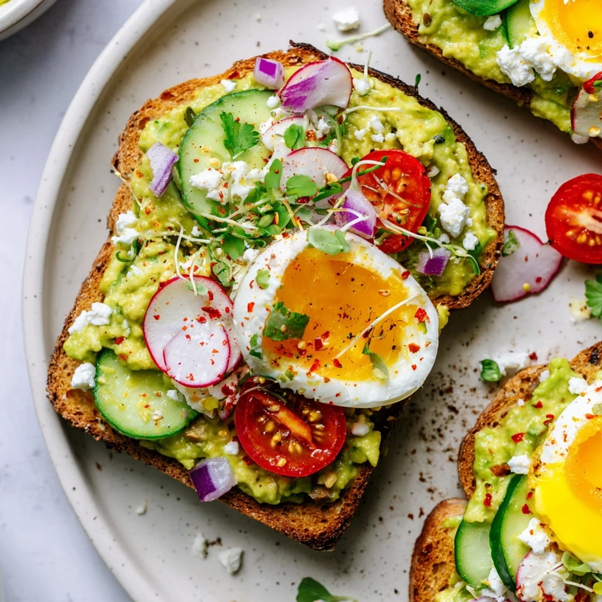 Golden, toasted sourdough holds delicious loaded avocado toast, adorned with fresh herbs and a runny yolk.