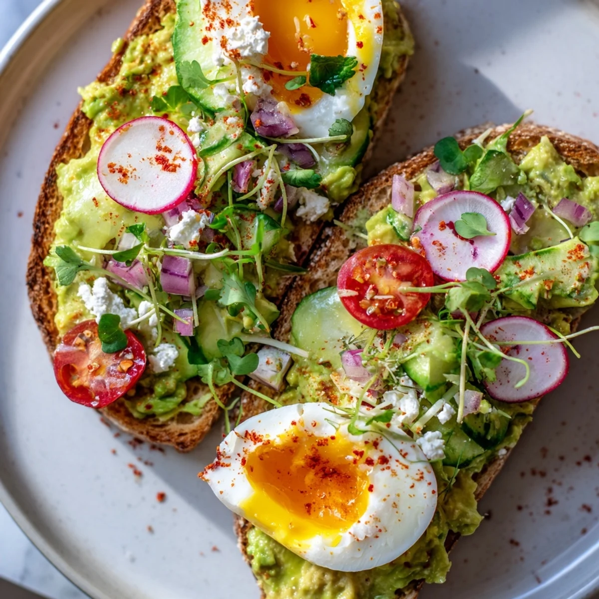 Enjoy a colorful plate of loaded avocado toast with a sprinkle of red pepper flakes and a zesty lime flavor.
