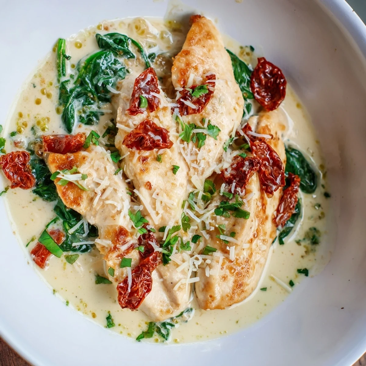 Tender Creamy Tuscan Chicken breasts swimming in a rich, creamy, sun-dried tomato sauce, ready to serve.