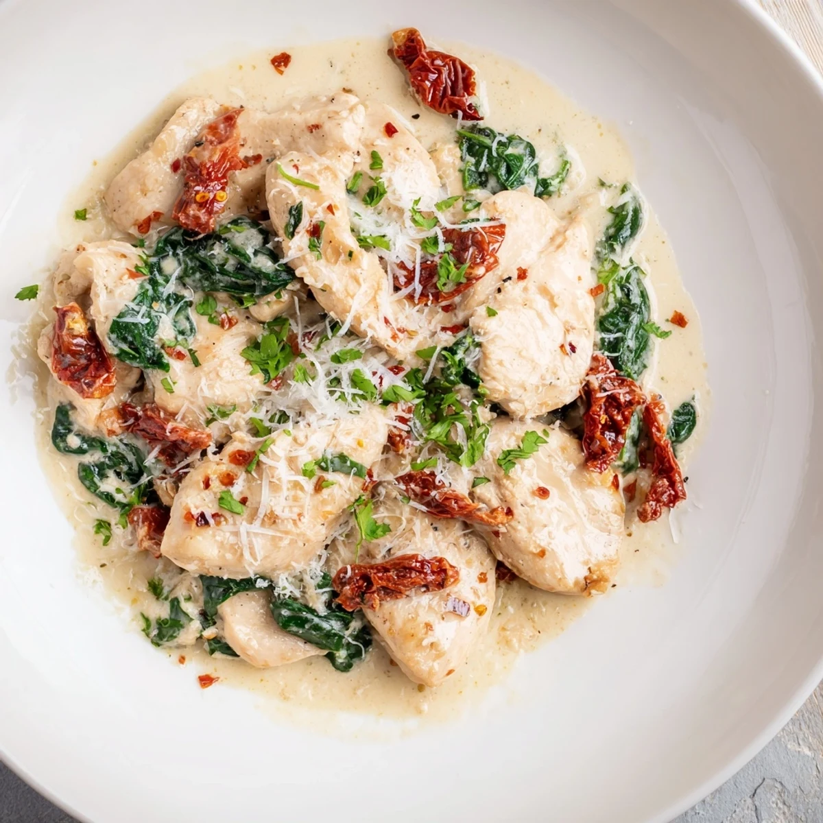 This beautiful plate of Creamy Tuscan Chicken showcases a flavorful Italian-American gluten-free recipe.