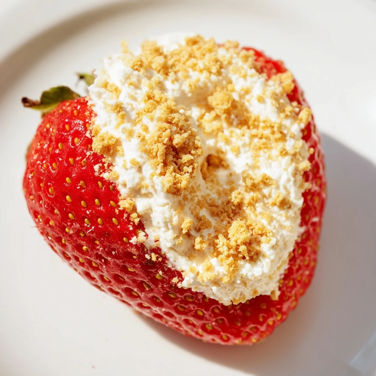 Close-up of vibrant Cheesecake Stuffed Strawberries, luscious cream cheese inside ripe, red berries.