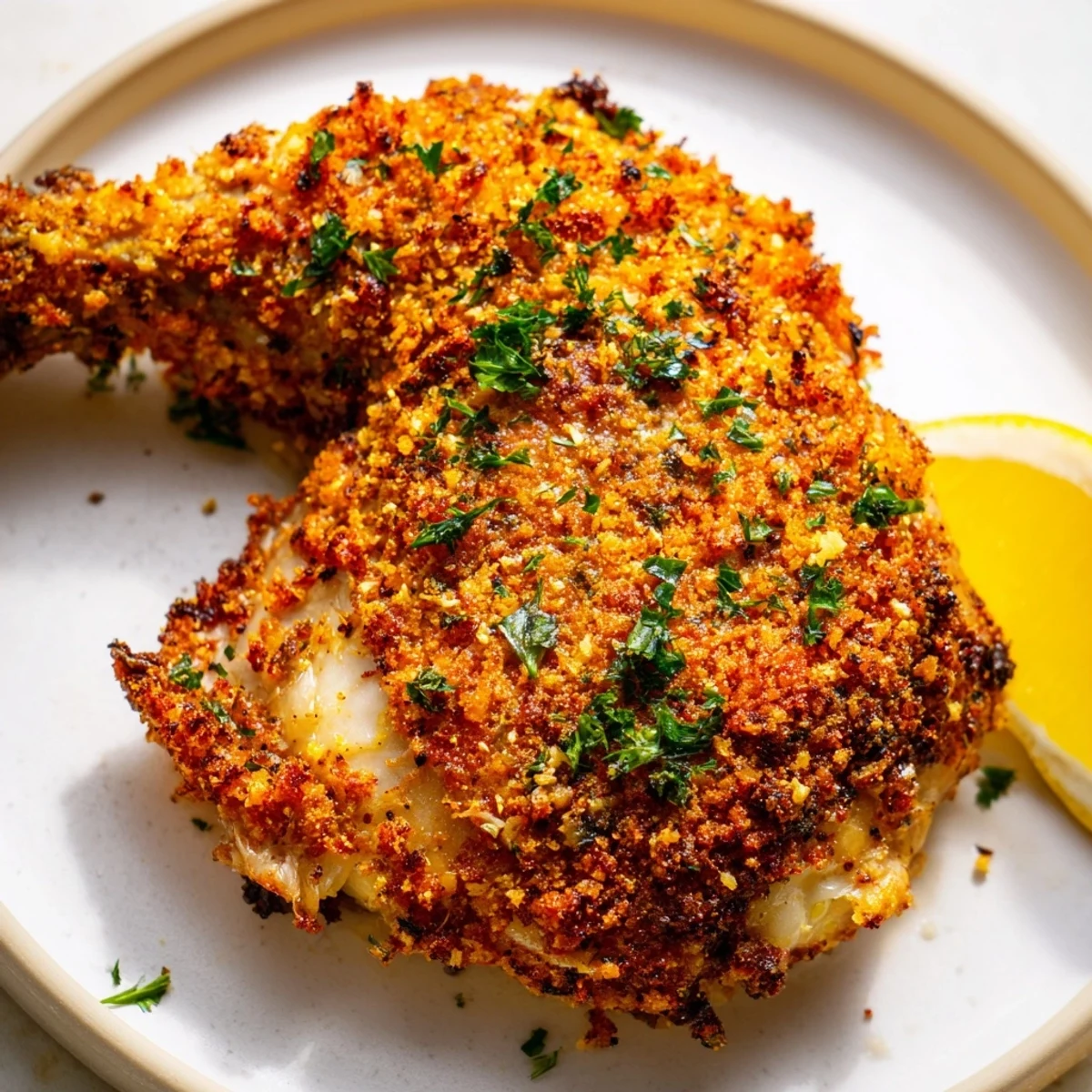 Golden, crispy garlic chicken thighs with flavorful skin and tender, juicy meat alongside.