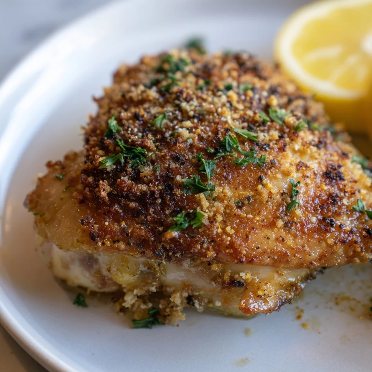 Juicy garlic chicken thighs, perfectly roasted, offering a flavorful and aromatic American main course.