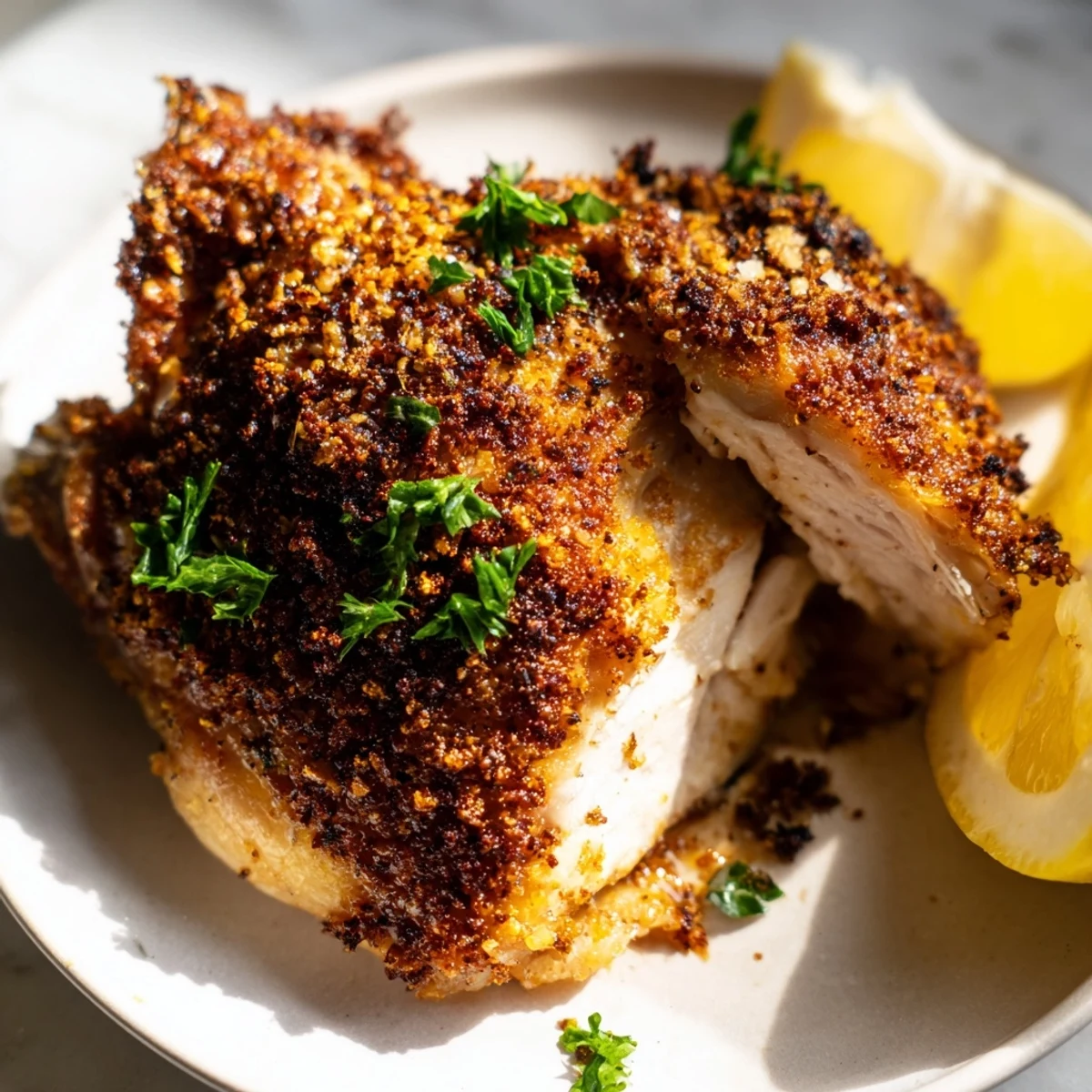 Close-up of irresistibly crispy garlic chicken thighs, showcasing a savory, golden-brown crust.