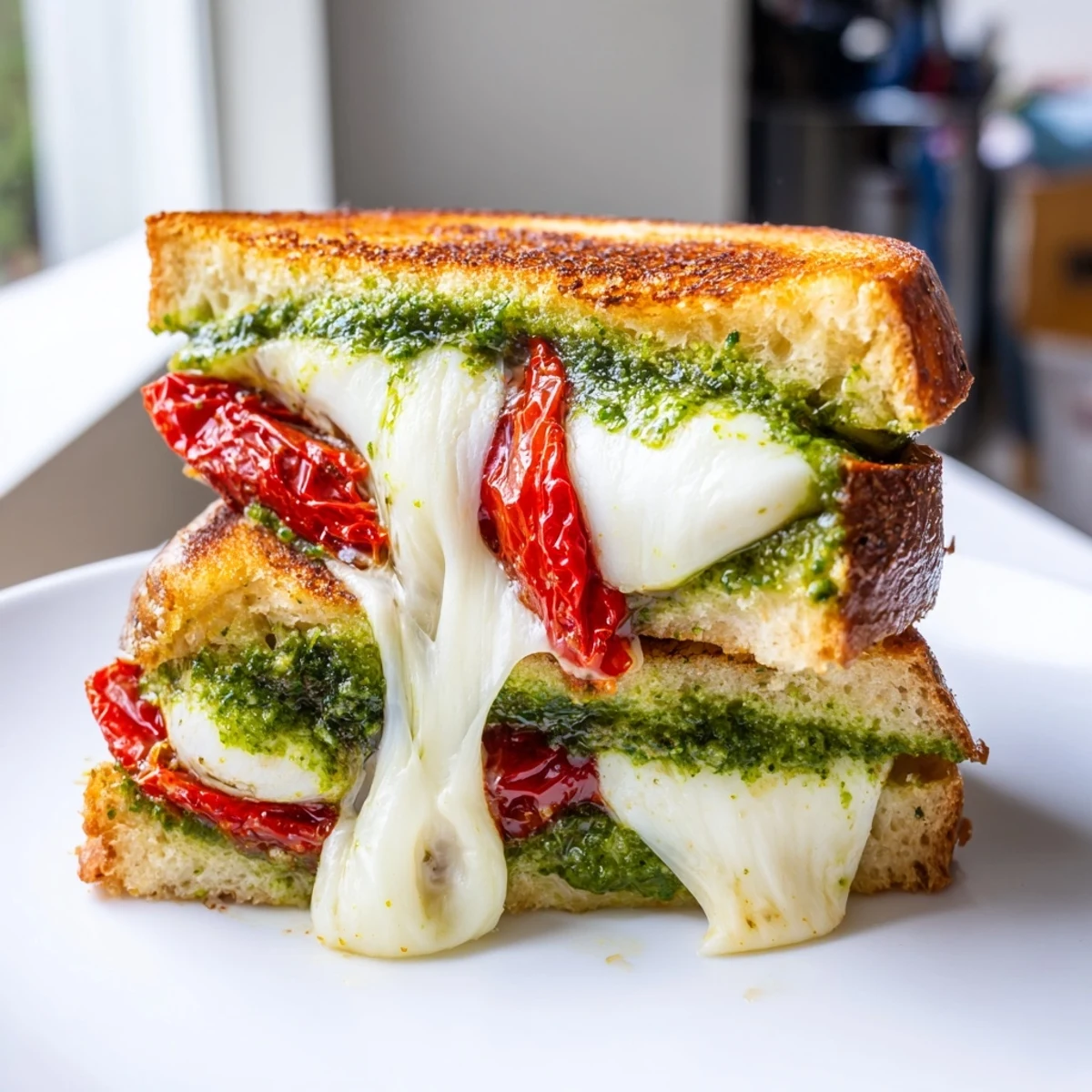 Golden, crispy pesto grilled cheese, oozing with melted mozzarella and sun-dried tomatoes inside.