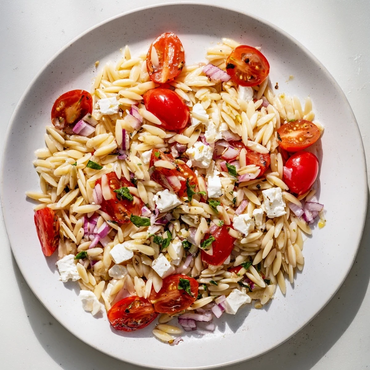 A large bowl of Tomato Feta Orzo, a refreshing Mediterranean side dish, visible with herbs.
