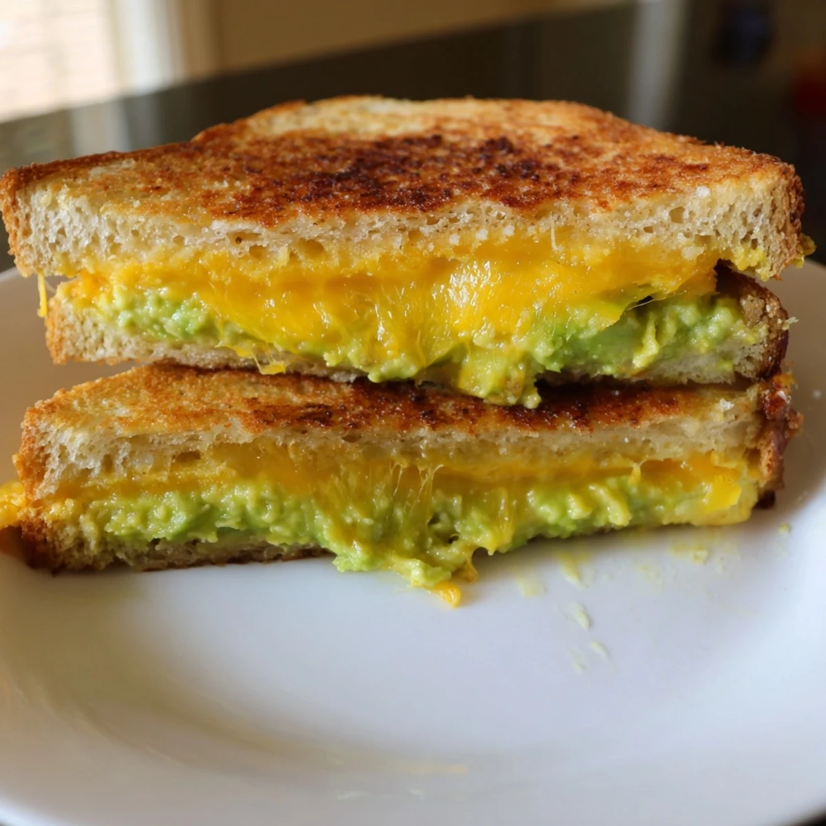 Golden-brown Avocado Toast Grilled Cheese, oozing melted cheese, offers a comforting, delicious bite.