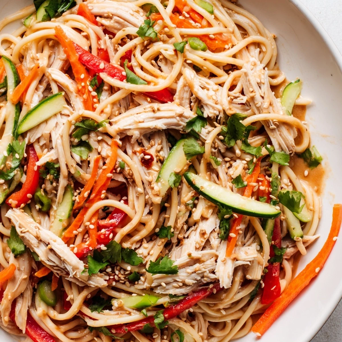 Chilled Chicken Noodle Salad: A vibrant mix of cold noodles, chicken, and colorful vegetables, ready to serve.