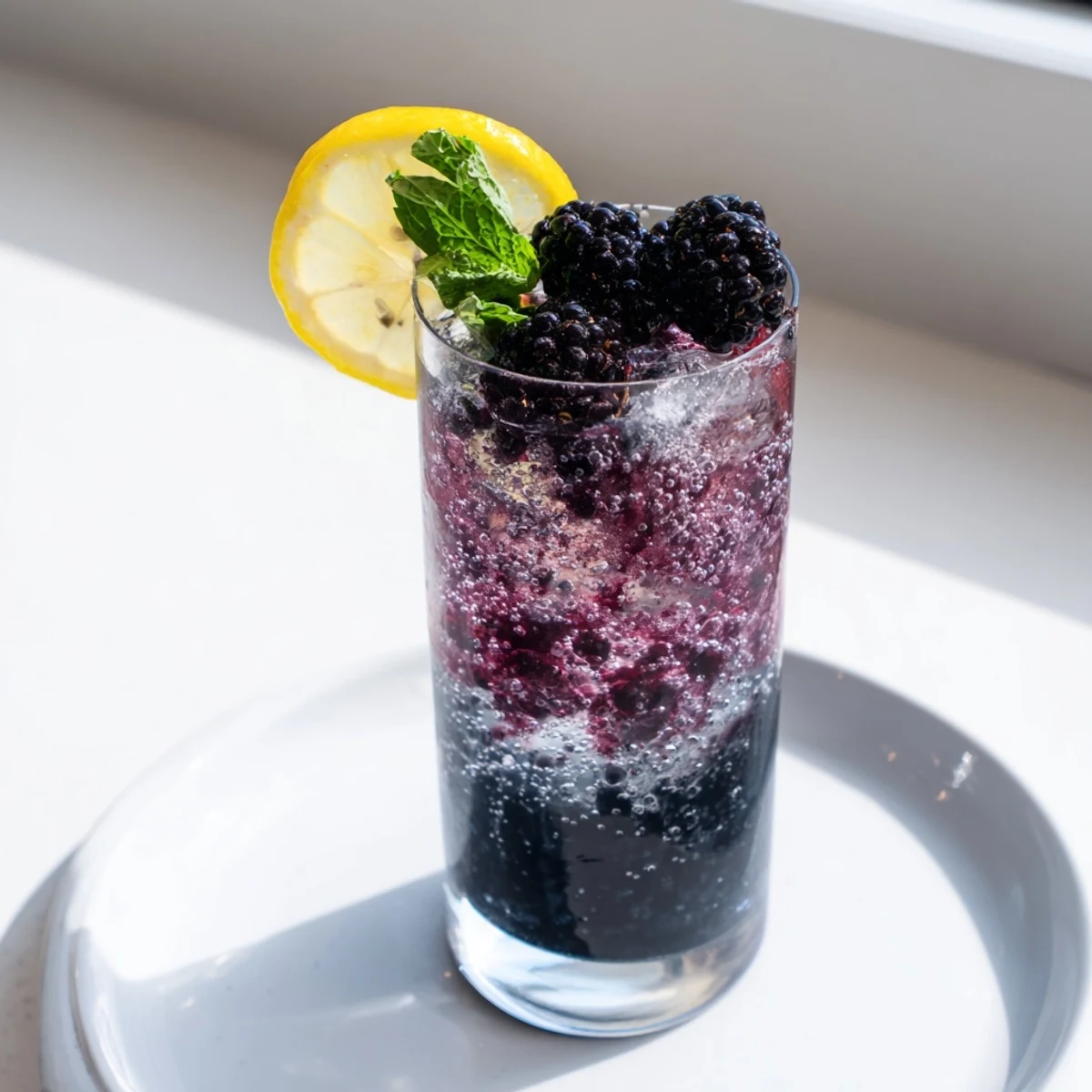 Dark Matter Mocktail: layered, inky black drink, garnished with fresh blackberries and lime, ready to enjoy.