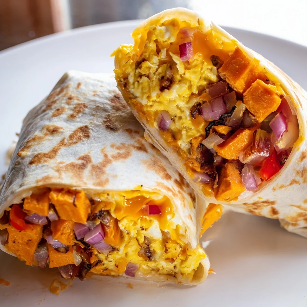 Sweet potato breakfast burritos, picture of warm, fluffy eggs and cheesy filling within a tortilla.