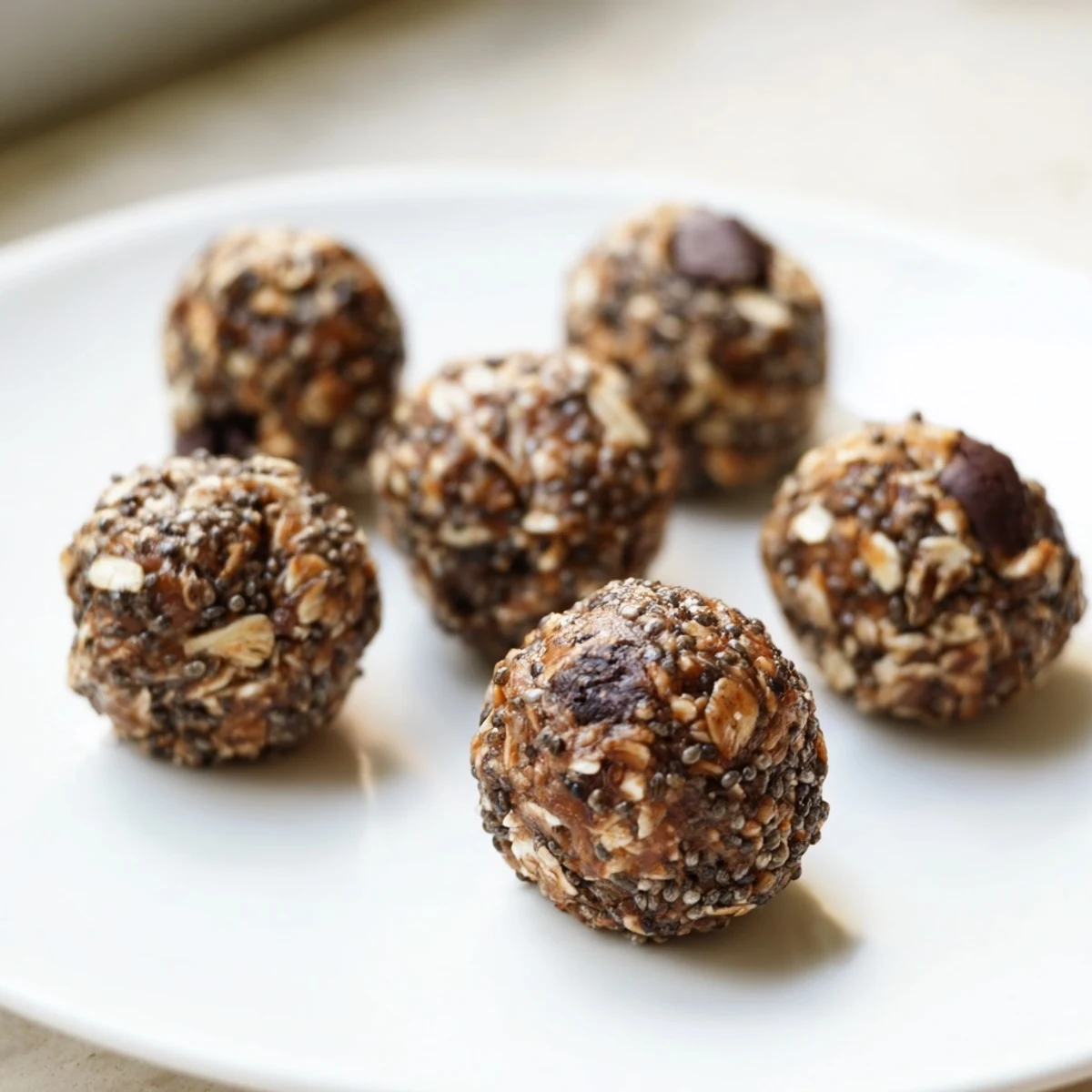Golden, glistening Almond-Chia Energy Bites ready to be grabbed, perfect healthy snacks.