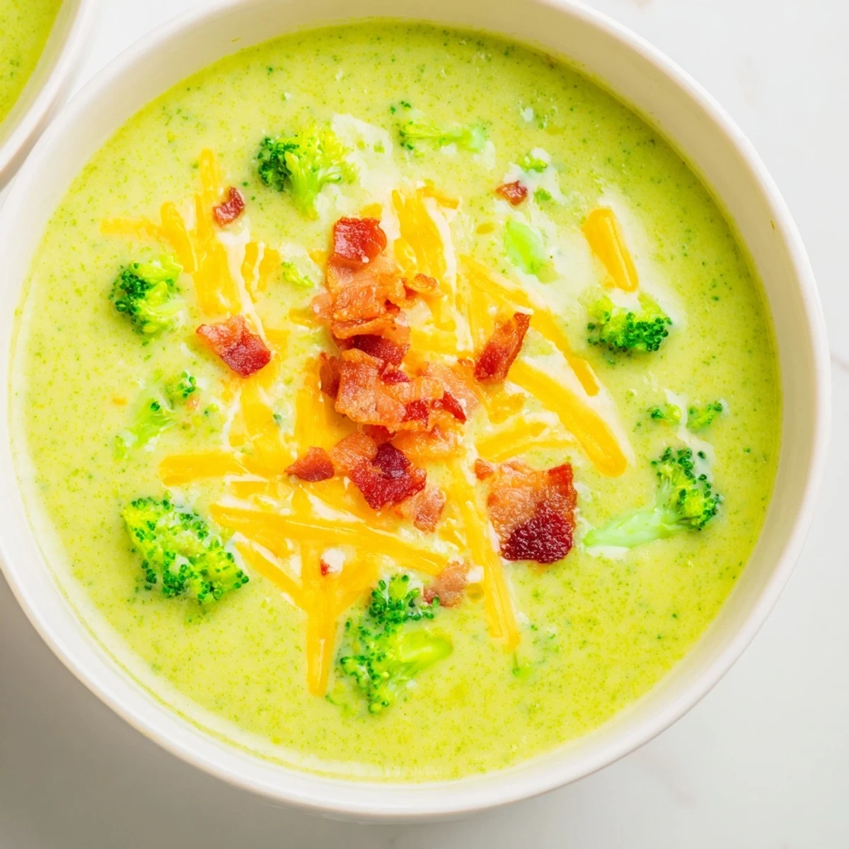 Close-up of vibrant Broccoli Cheddar Soup, showcasing the cheesy texture and fresh broccoli florets.