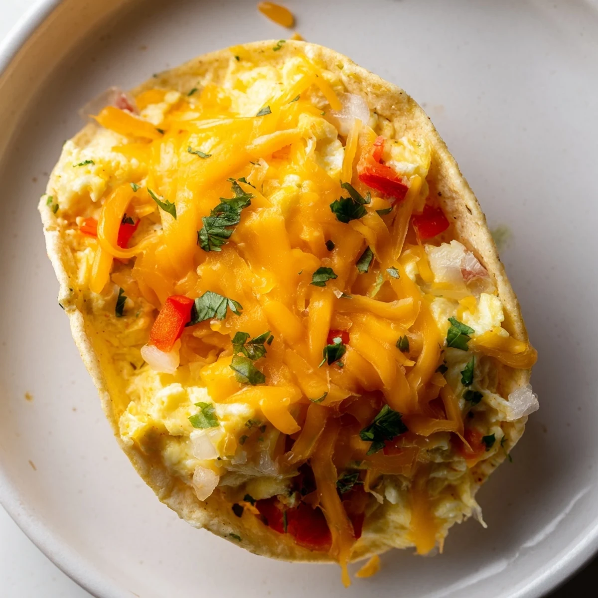 A tempting close-up of sheet pan breakfast tacos, featuring a delicious mix of colorful toppings.